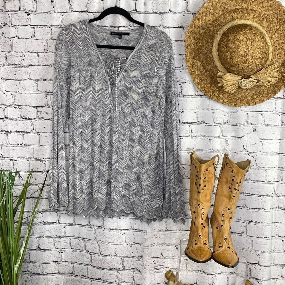 WHBM Long Tunic V-Neck Dressy Sweater Flare Sleeve Metallic‎ Silver Grey M
